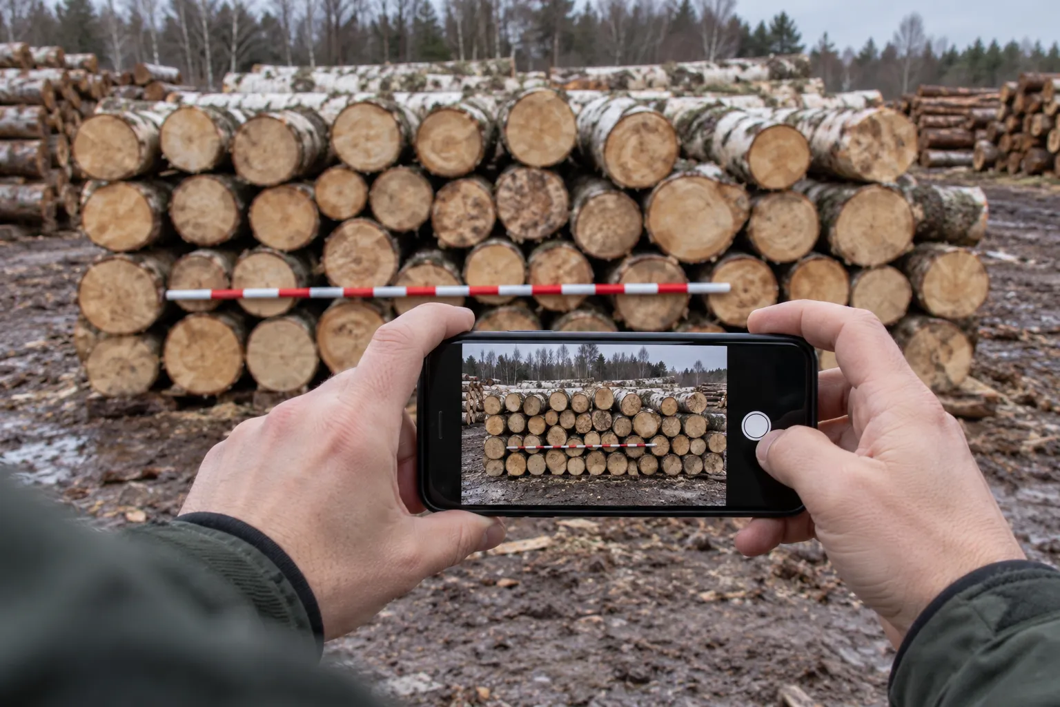 Telefon fotografujący czoło stosu drewna z widocznym biało-czerwonym przymiarem odniesienia