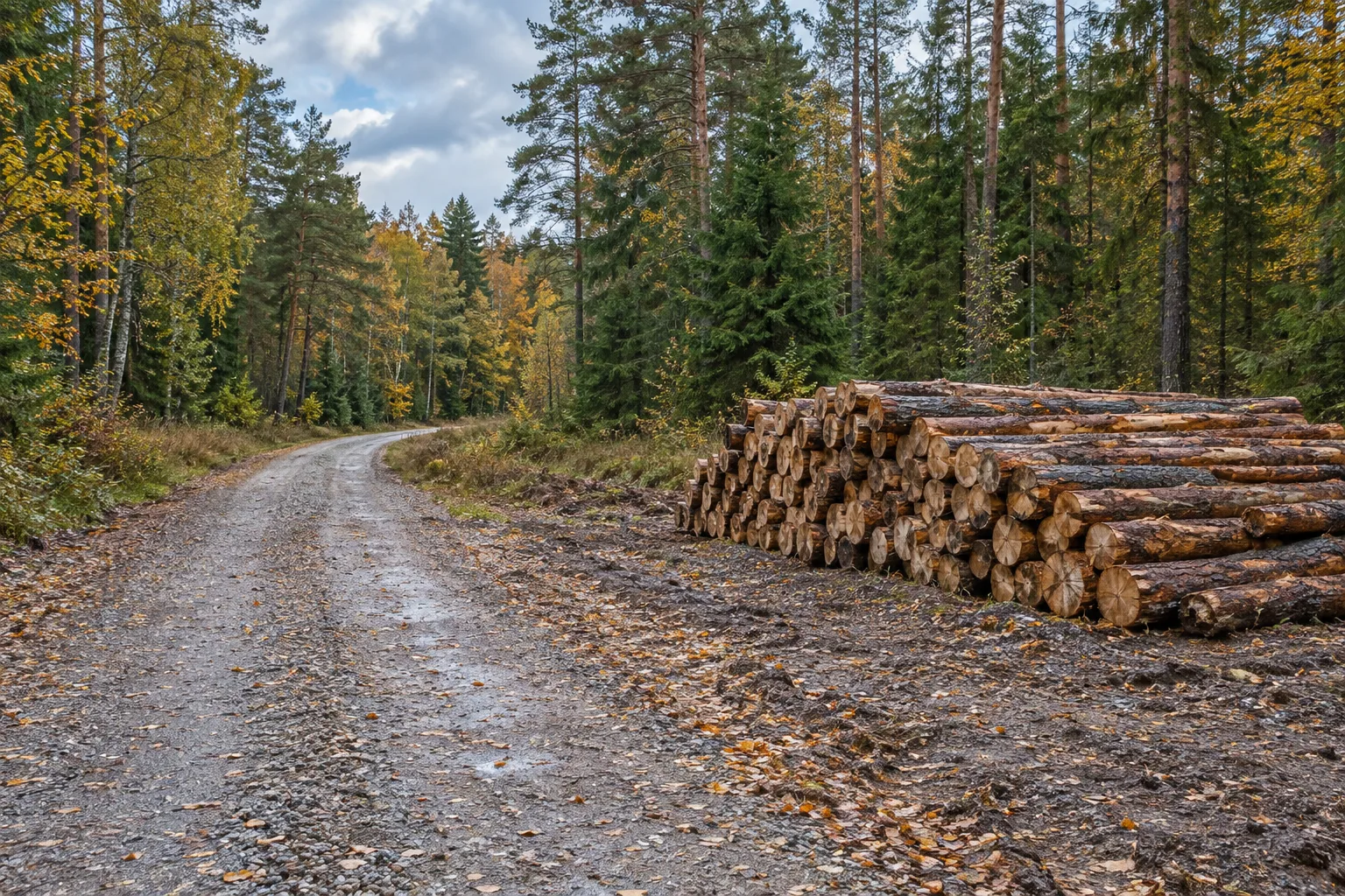 Stos drewna okrągłego przy szerokiej drodze wywozowej w jesiennym lesie