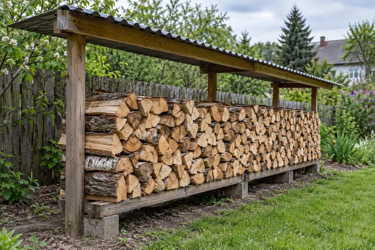 Rząd polan na podniesionej podstawie pod otwartym zadaszeniem w ogrodzie
