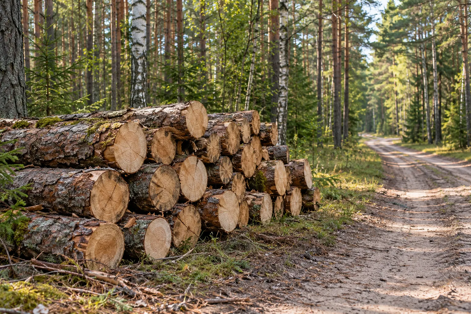 Okrągłe drewno ułożone obok leśnej drogi